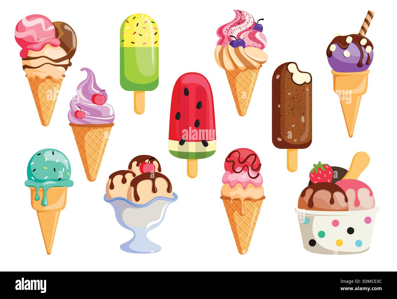 Crème glacée et popsicle ensemble de cliparts colorés. Crème glacée et popsicle en cône de gaufre et tasse avec différentes saveurs et garnitures clip art pour l'été Illustration de Vecteur