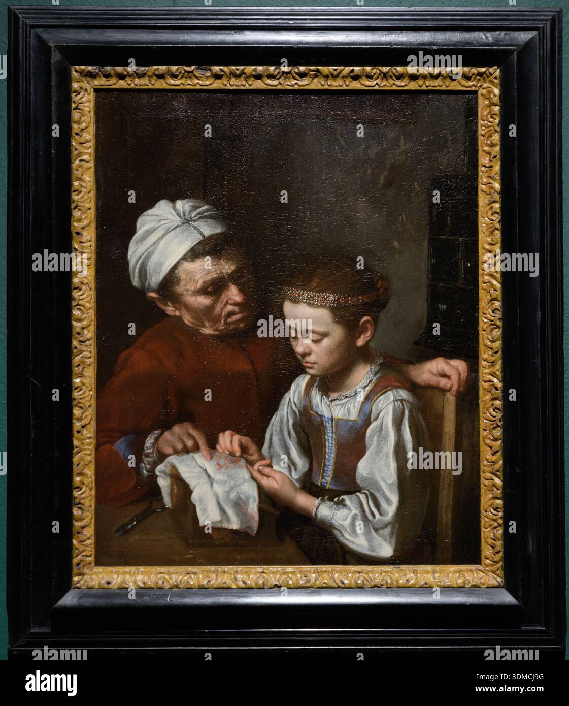 'Scuola di ricamo' (École de broderie) de Pietro Bellotti, à la Gallerie dell'Accademia, Venise, Italie. Banque D'Images
