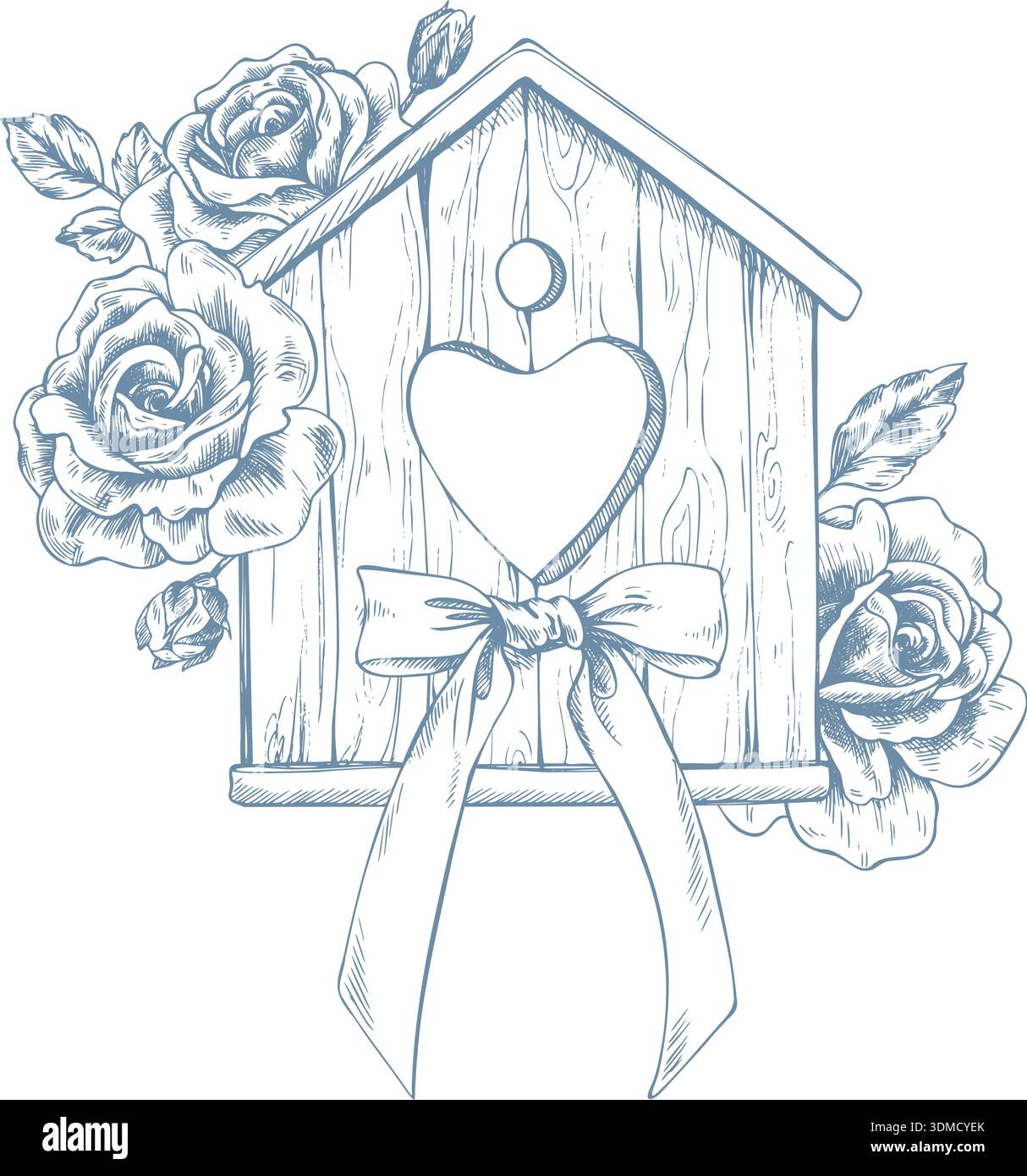 Un nichoir en bois doux avec un coeur, décoré de roses et d'un arc en satin. Illustration graphique à l'encre dessinée à la main, monochrome, style dessin au trait. An Illustration de Vecteur