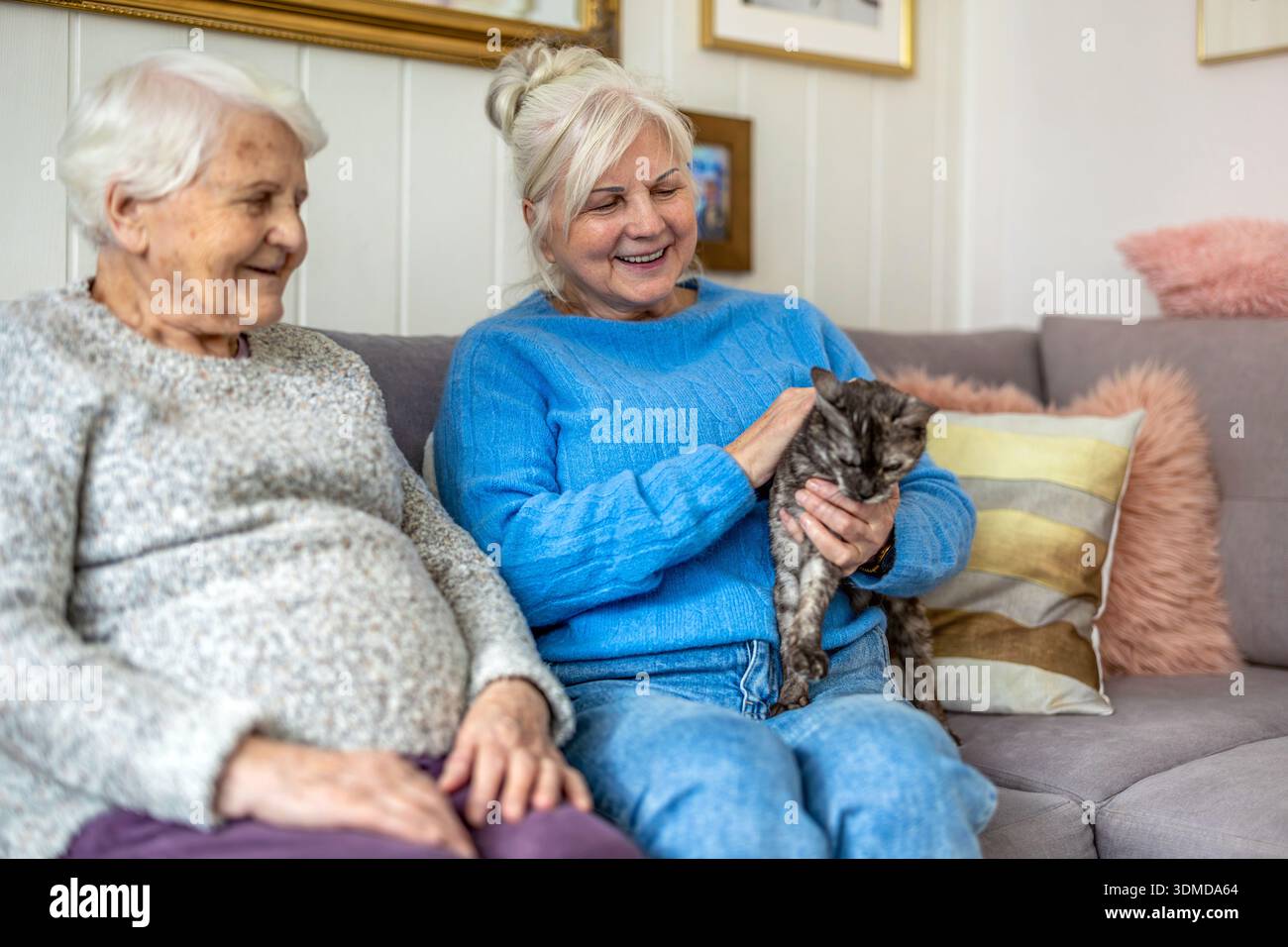 Deux femmes âgées avec un chat assis sur un canapé à la maison Banque D'Images