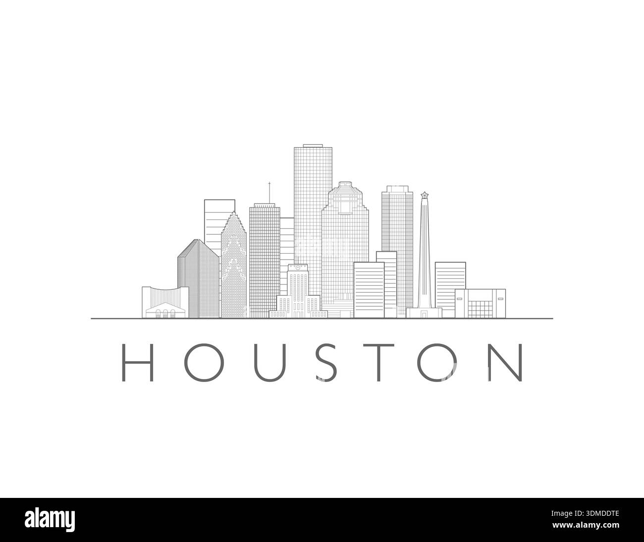 Houston, Texas, skyline, États-Unis. Paysage urbain avec monuments et monuments. Illustration numérique dessinée à la main de la ligne d'horizon. Banque D'Images