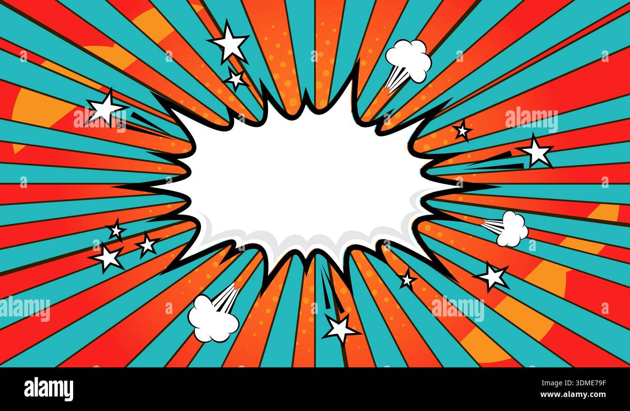 Fond de bande dessinée avec une bulle de discours. Fond créatif moderne rouge-vert dans le style pop art avec des demi-tons et des rayons radiaux. Illustration de Vecteur