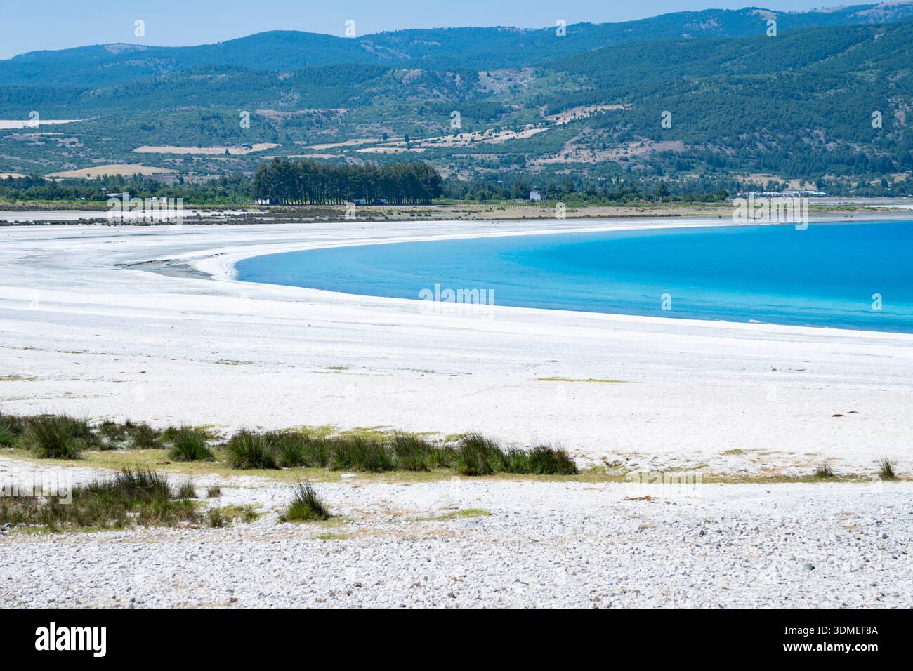 Rivage de sable blanc courbé à côté des eaux turquoise du lac Salda sous un ciel bleu clair, paysage lunaire unique à Burdur, Turquie Banque D'Images