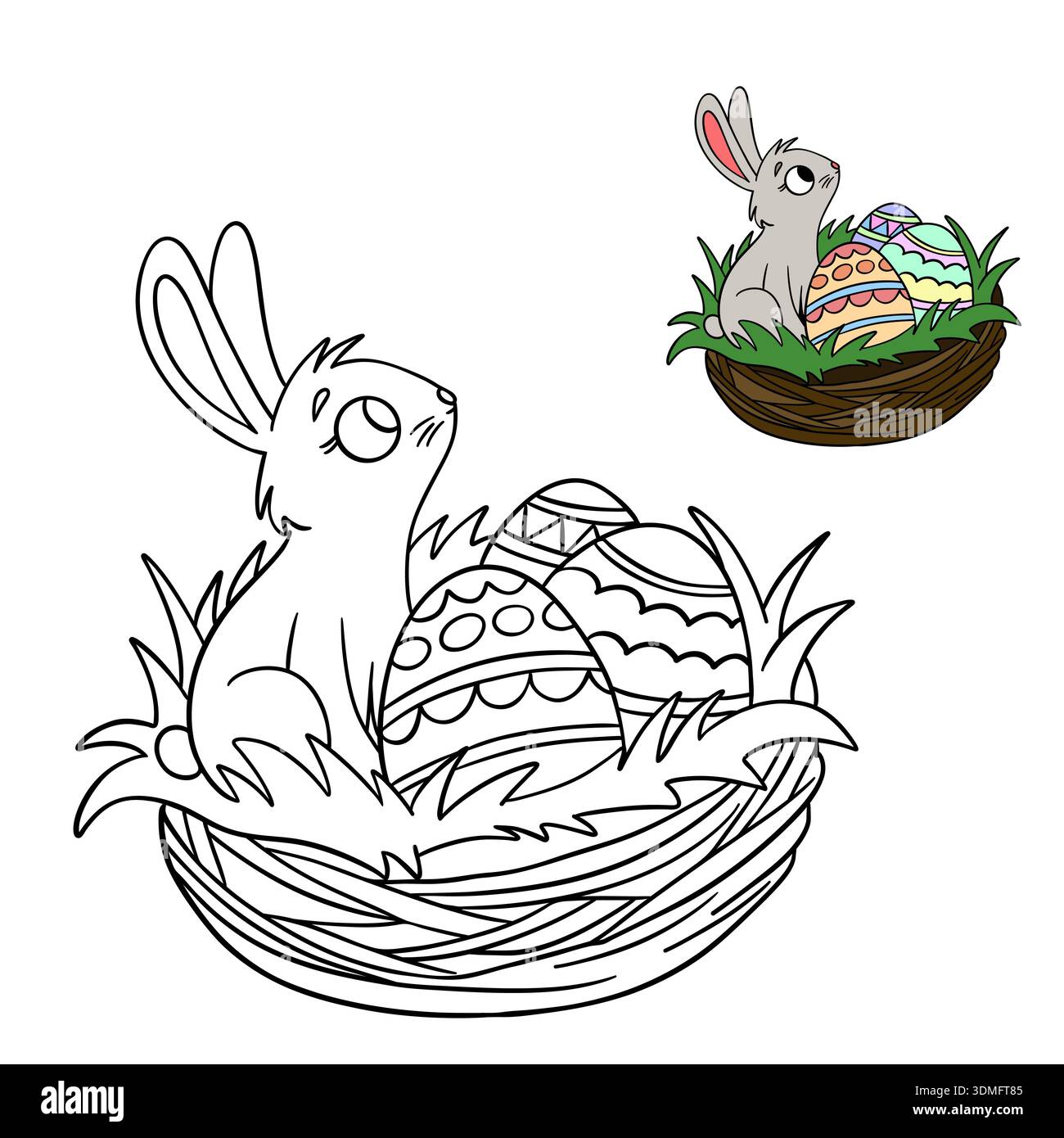 Jolie page à colorier noir et blanc avec un lapin doux assis dans un nid rempli d'œufs de Pâques Banque D'Images