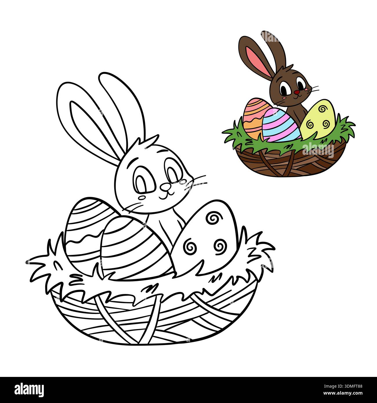 Jolie page à colorier noir et blanc avec un lapin doux assis dans un nid rempli d'œufs de Pâques Banque D'Images