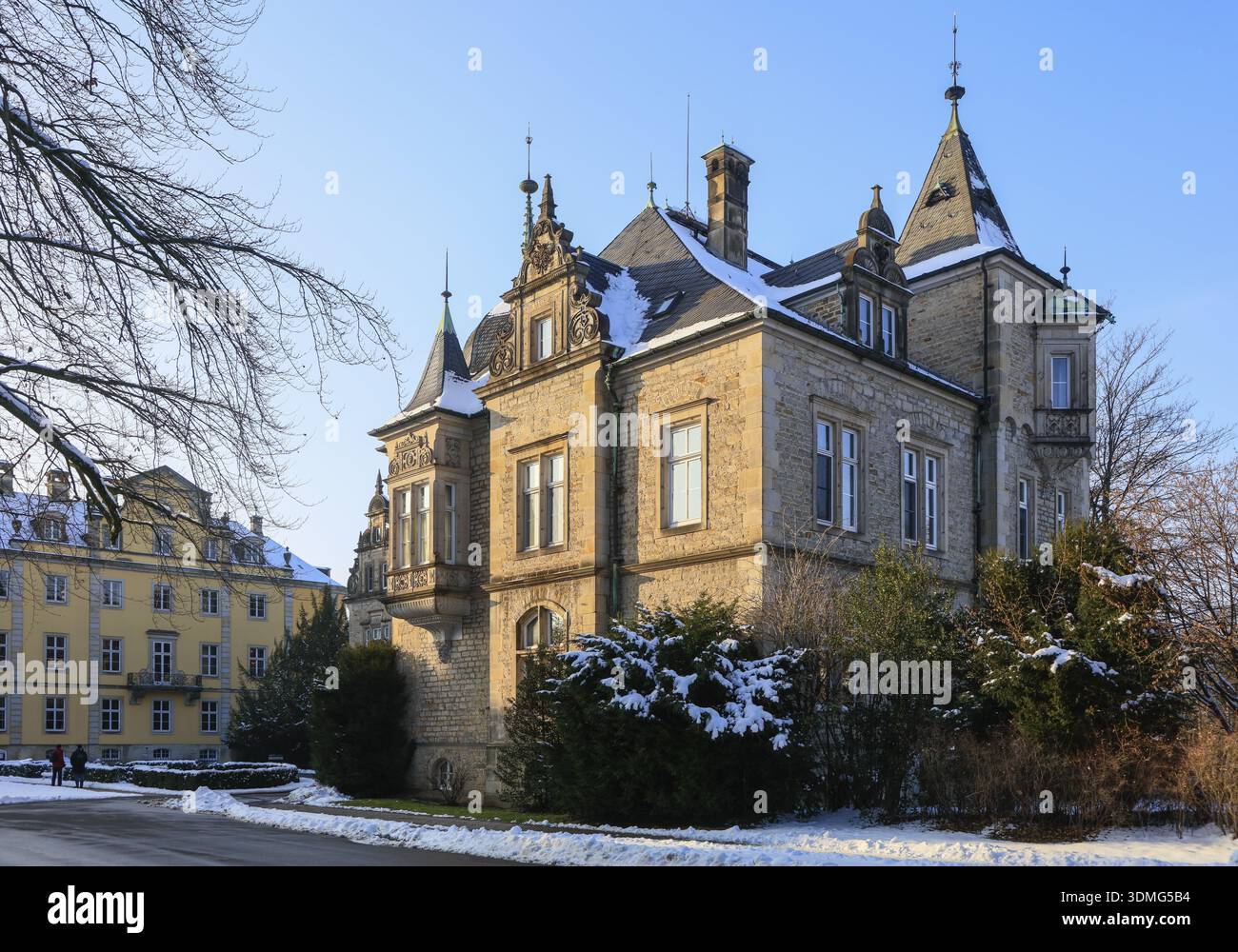 Château de Bueckeburg dans le style Weser Renaissance en hiver, maison ancestrale de la Maison de Schaumburg-Lippe, Bueckeburg, quartier de Schaumburg, basse-Saxe Banque D'Images