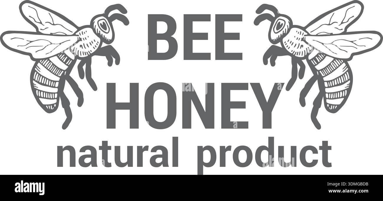 Logo de produit miel avec abeille gravée. Sucré naturel Illustration de Vecteur