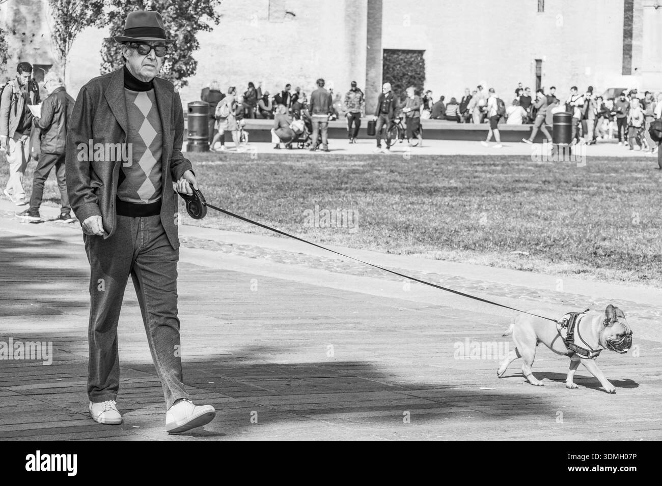 Un homme distingué portant un chapeau et un pull à motif diamant promène son bouledogue français sur une place pavée de pierre ensoleillée Banque D'Images