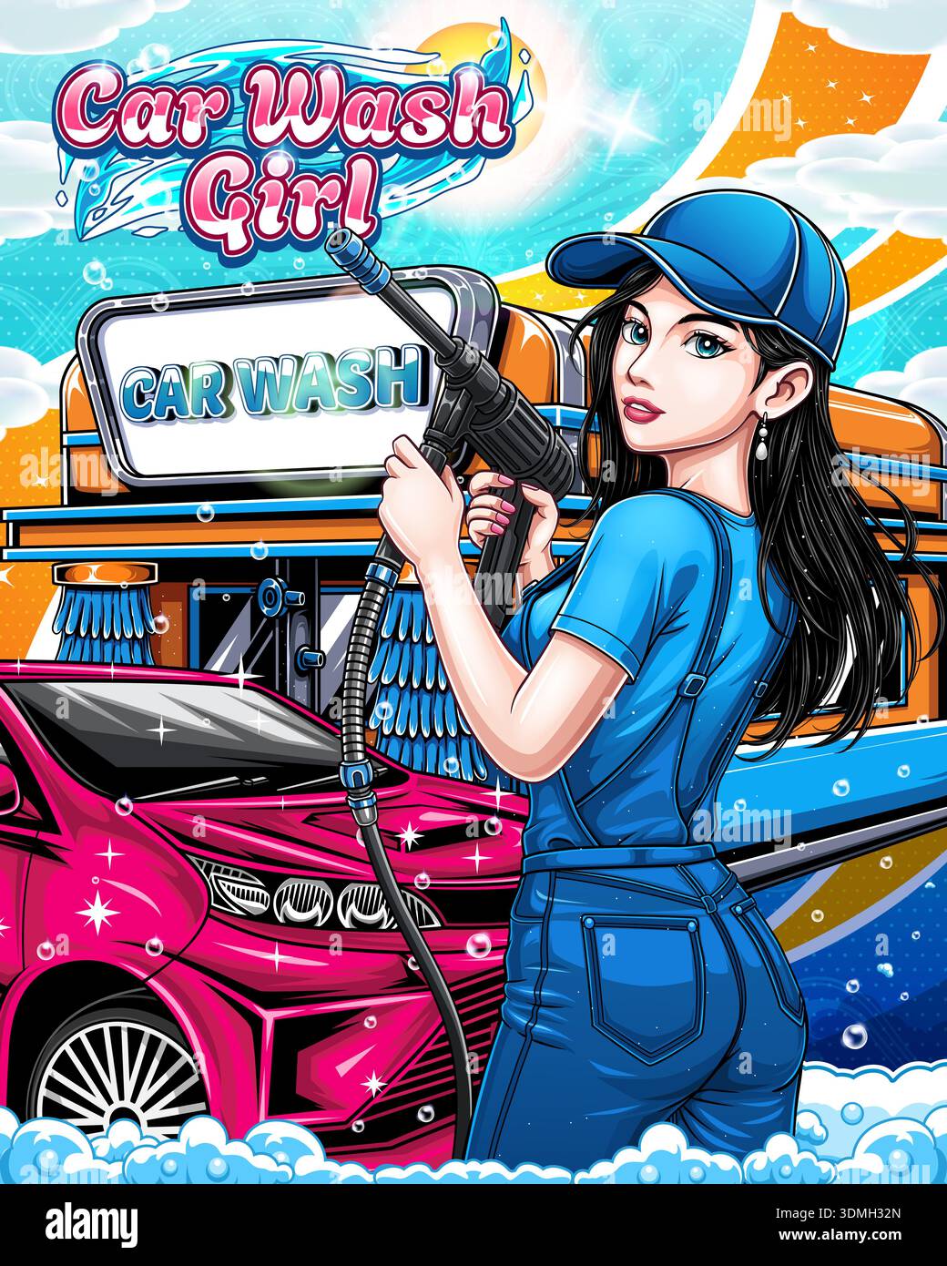 Fond de personnage de fille de lavage de voiture Banque D'Images
