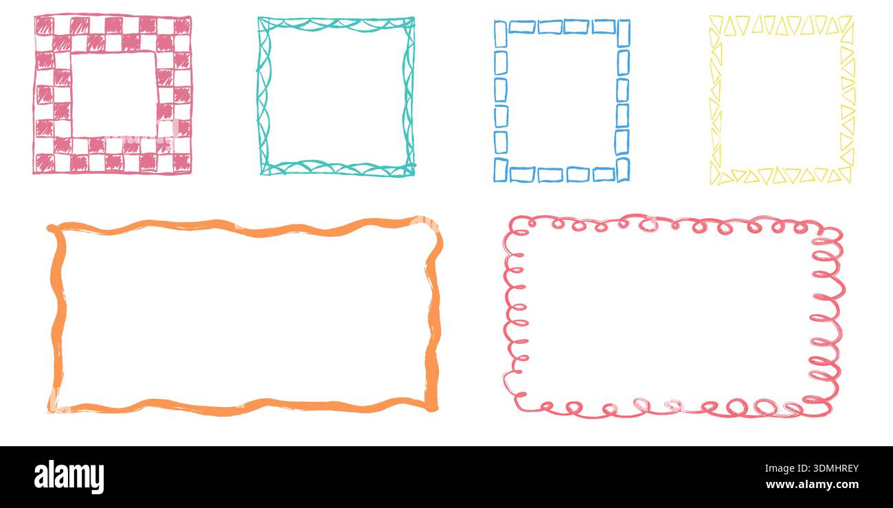 Ensemble de cadres et de boîtes de crayon dessinés à la main. Bordures enfantines mignonnes dans des couleurs pastel pour les projets de maternelle, l'éducation préscolaire, les milieux d'enfants Illustration de Vecteur