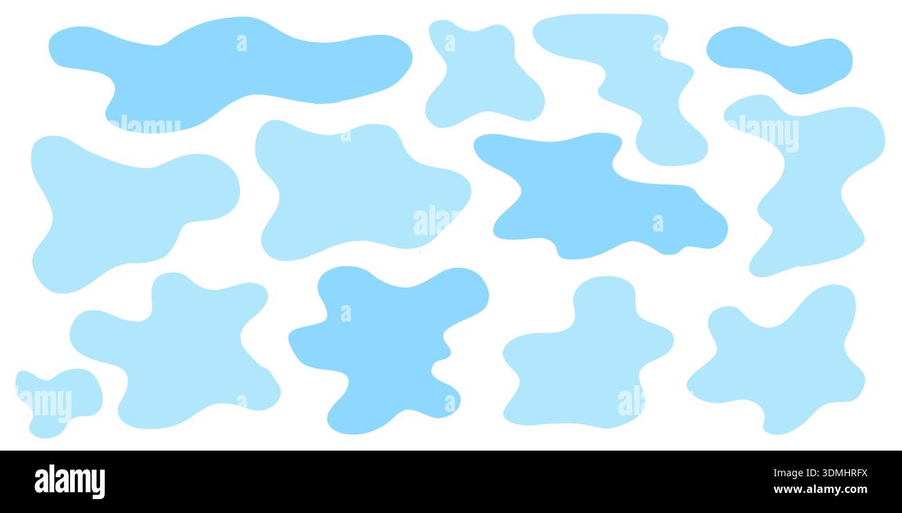 Formes de taches d'eau bleues minimes avec flaques arrondies et silhouettes liquides simples. Éléments vectoriels aquatiques plats pour les arrière-plans icônes cadres et Illustration de Vecteur