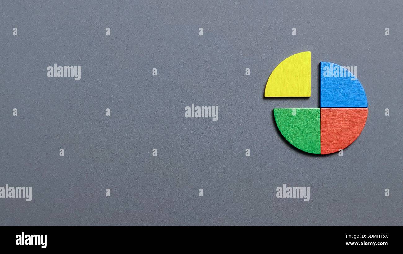 Segments graphiques circulaires colorés minimalistes sur fond gris représentant l'analyse des données et la part de marché de l'entreprise Banque D'Images