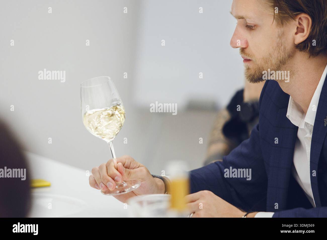 Passionné de vin européen évaluant le vin blanc lors de la dégustation de vin en fonction de la classification des couleurs. Banque D'Images