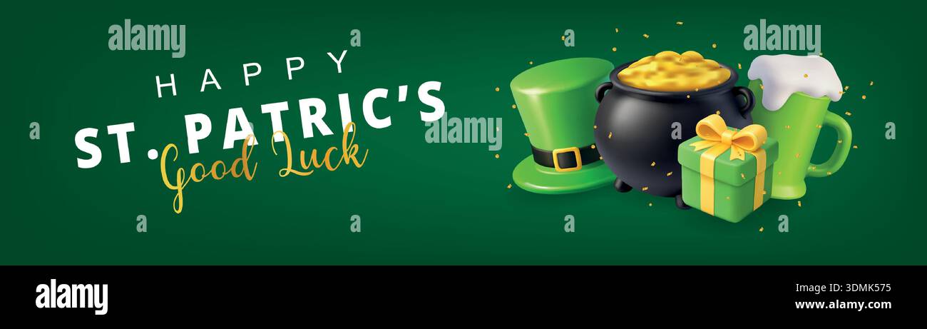 – Bannière horizontale Patricks Day avec icônes festives en 3D et confettis dorés sur fond vert foncé Illustration de Vecteur