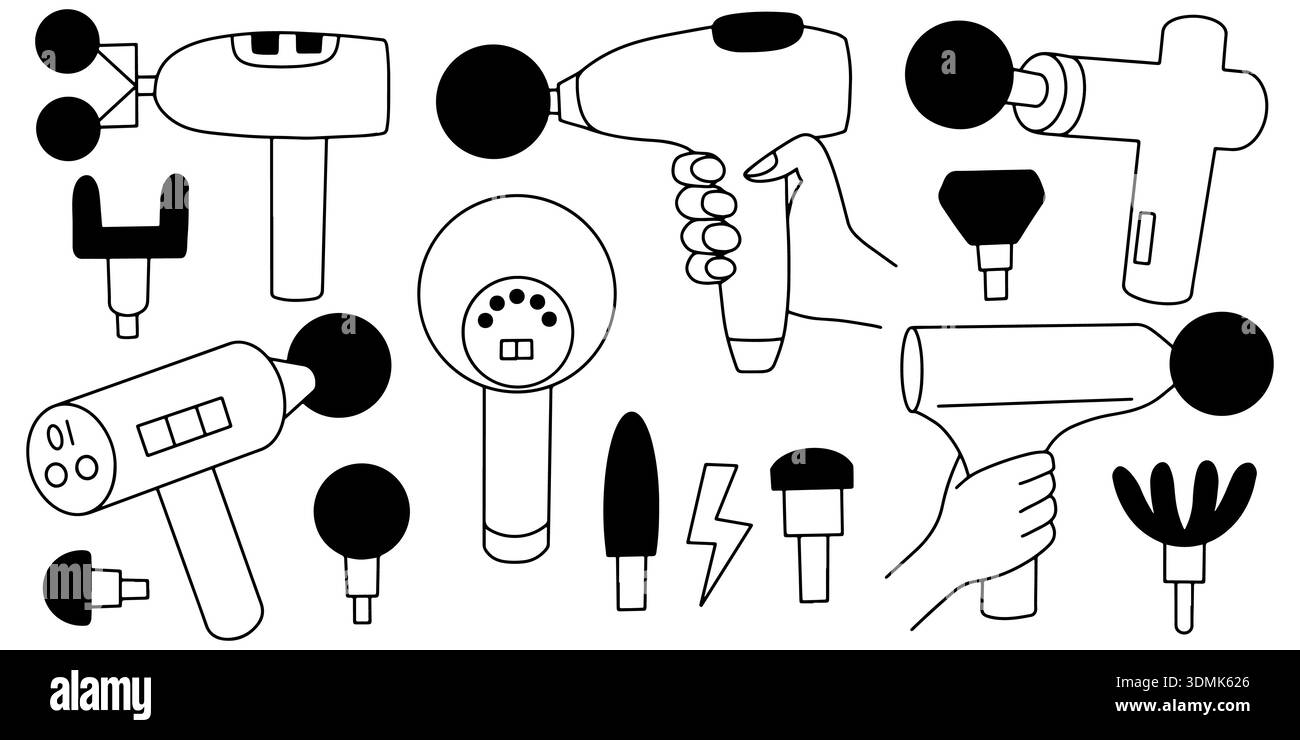 Pistolets de massage et têtes de pistolets de massage Illustration de Vecteur