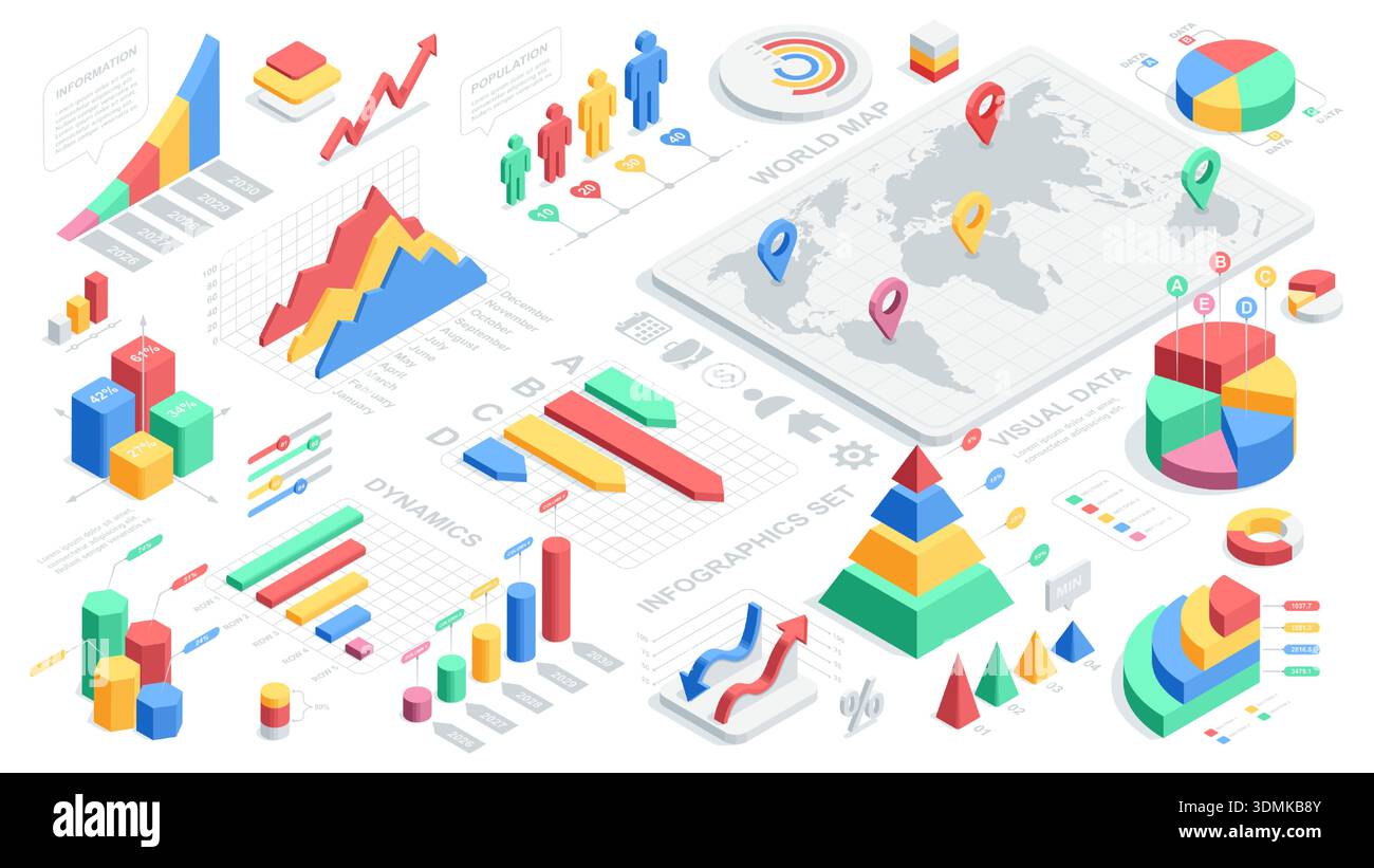 Ensemble vectoriel isométrique de graphiques et d'éléments pour l'infographie avec carte du monde et icônes, en couleur sur fond blanc, données statistiques pour la présentation Illustration de Vecteur