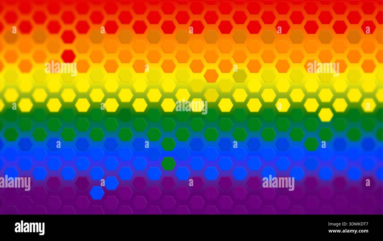 Motif hexagonal vibrant dans des couleurs arc-en-ciel sur fond coloré arc-en-ciel. Concept de drapeau gay Pride & mouvement LGBT. Fond abstrait en résolution 4K. Banque D'Images