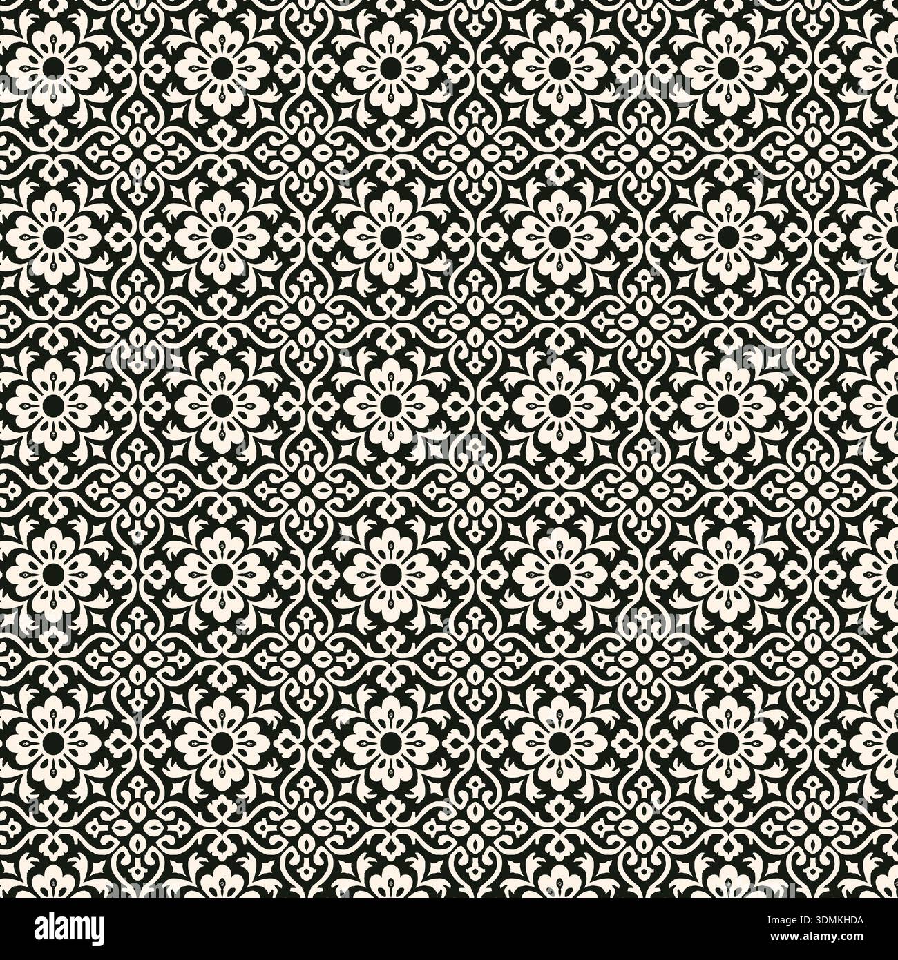 Un motif vectoriel géométrique monochromatique sans couture en noir et blanc, avec un design complexe et symétrique basé sur l'arabe traditionnel et l'islam Illustration de Vecteur