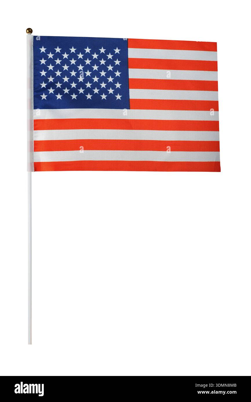 Drapeau USA sur un bâton isolé sur fond blanc Banque D'Images