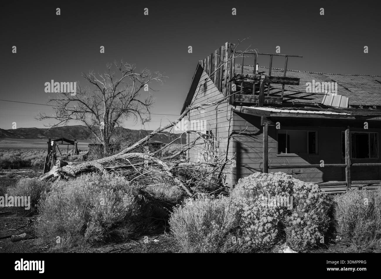 Un restaurant et un motel abandonnés couverts de graffitis, le long de la Highway 93, Nevada USA. Noir et blanc. Banque D'Images