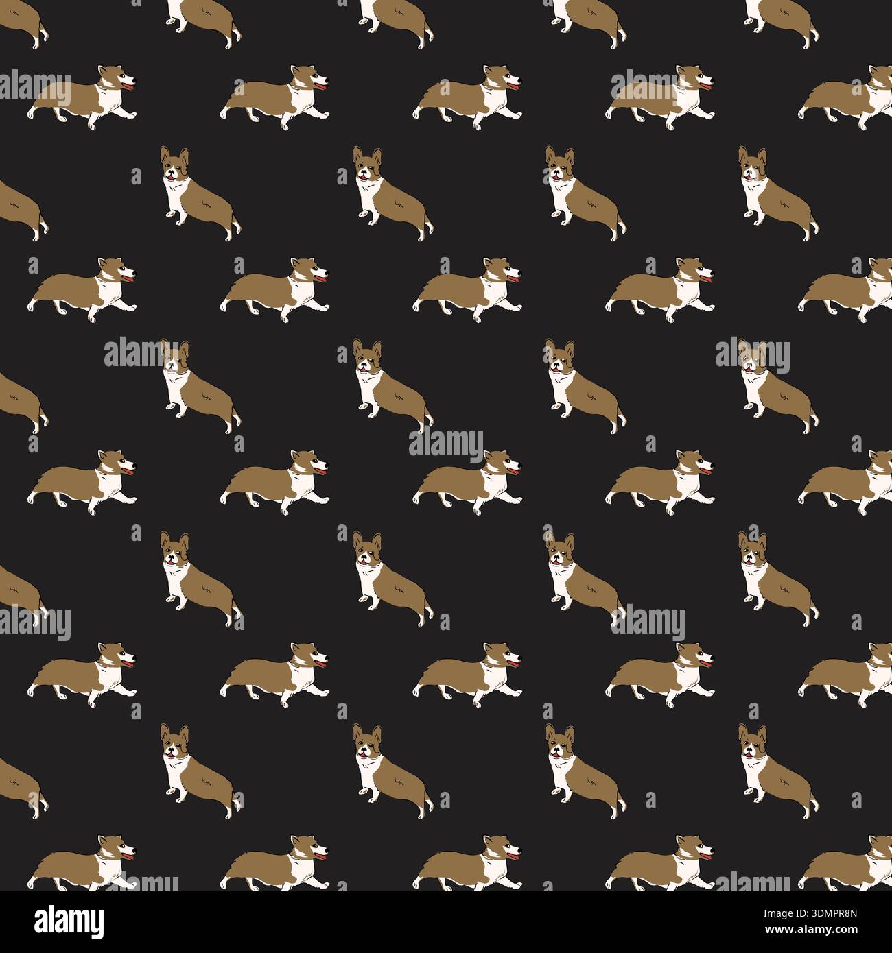 Motif de chien corgi mignon sans couture sur fond sombre. Illustration vectorielle de conception de répétition de chiot de dessin animé pour les amoureux des animaux de compagnie, le tissu et le décor de pépinière Illustration de Vecteur
