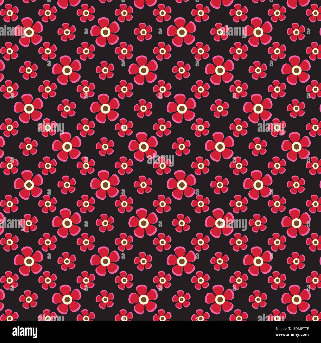 Une illustration vectorielle sans couture de haute qualité avec un design floral rétro audacieux. Ces fleurs rouges et roses vibrantes avec des centres jaunes sont disposées Illustration de Vecteur