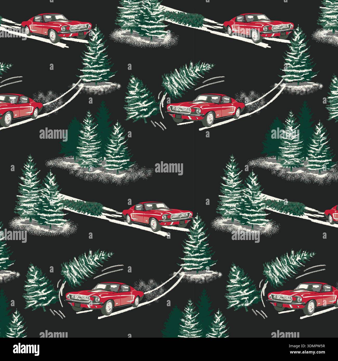 Une charmante illustration vectorielle sans couture mettant en vedette une voiture rouge vintage transportant un arbre de Noël à travers une forêt enneigée à feuilles persistantes. Cet hiver festif ho Illustration de Vecteur