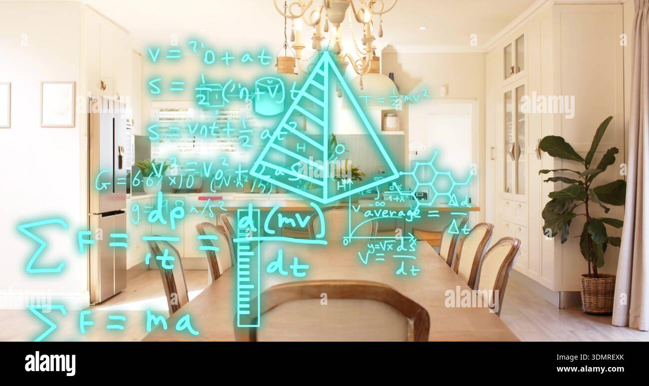 Hologramme cyan planant projetant des diagrammes mathématiques au-dessus d'une longue table à manger en bois, lustre Banque D'Images