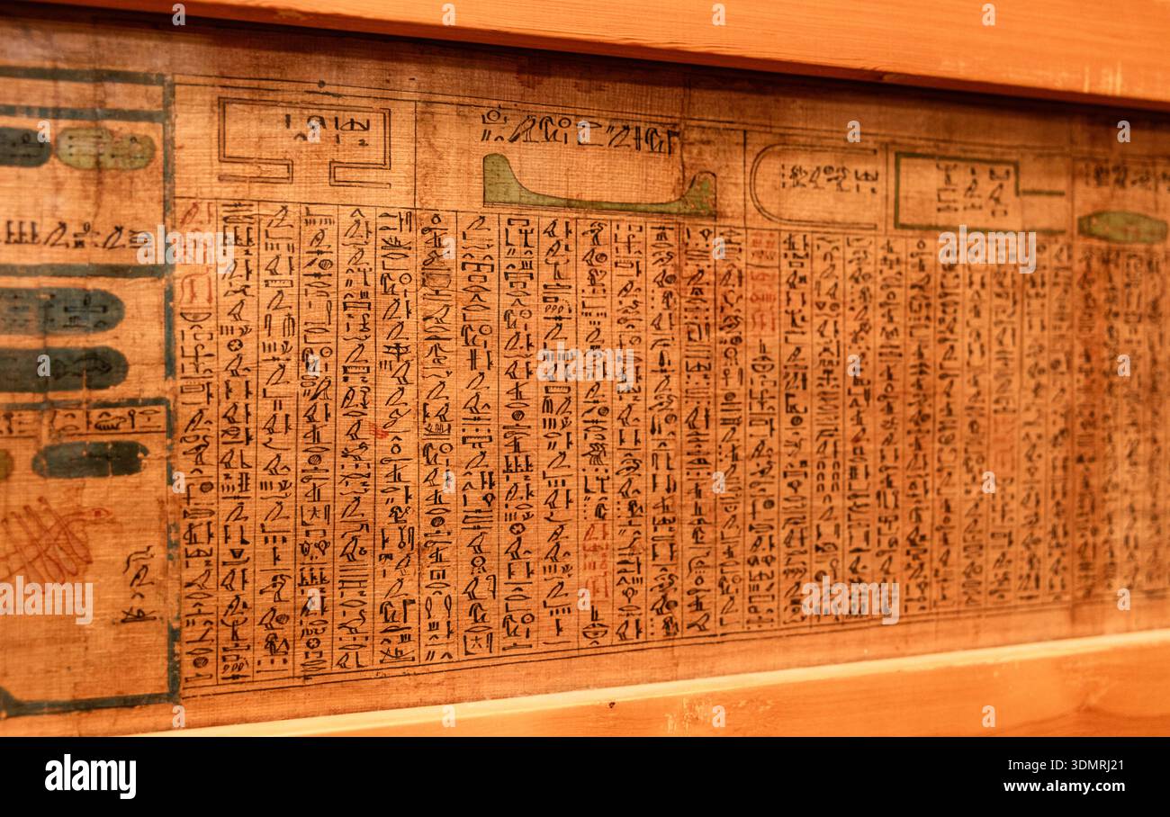Papyrus égyptien antique avec écriture hiéroglyphique exposé à l'intérieur du Musée égyptien au Caire. Le document comporte des colonnes verticales de hiéroglyphe Banque D'Images