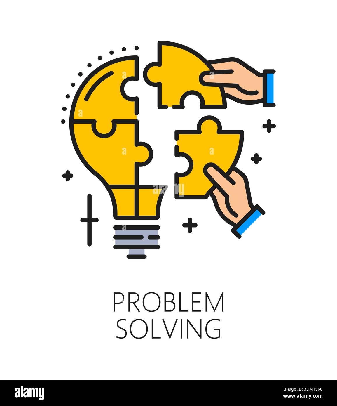 Résolution de problème icône ou étiquette de ligne de couleur de compétence de vie. Pictogramme vectoriel de ligne mince de capacité de personnalité, signe de qualité de personnes. Icône de compétence de vie de résolution de problème avec ampoule de puzzle et mains humaines Illustration de Vecteur
