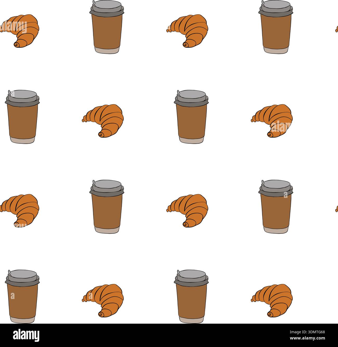 Texture sans couture de tasses à café, croissants, motif sans couture Cafe. illustration dessinée à la main. Encre de ligne graphique vectorielle colorée pour l'emballage, holid Illustration de Vecteur