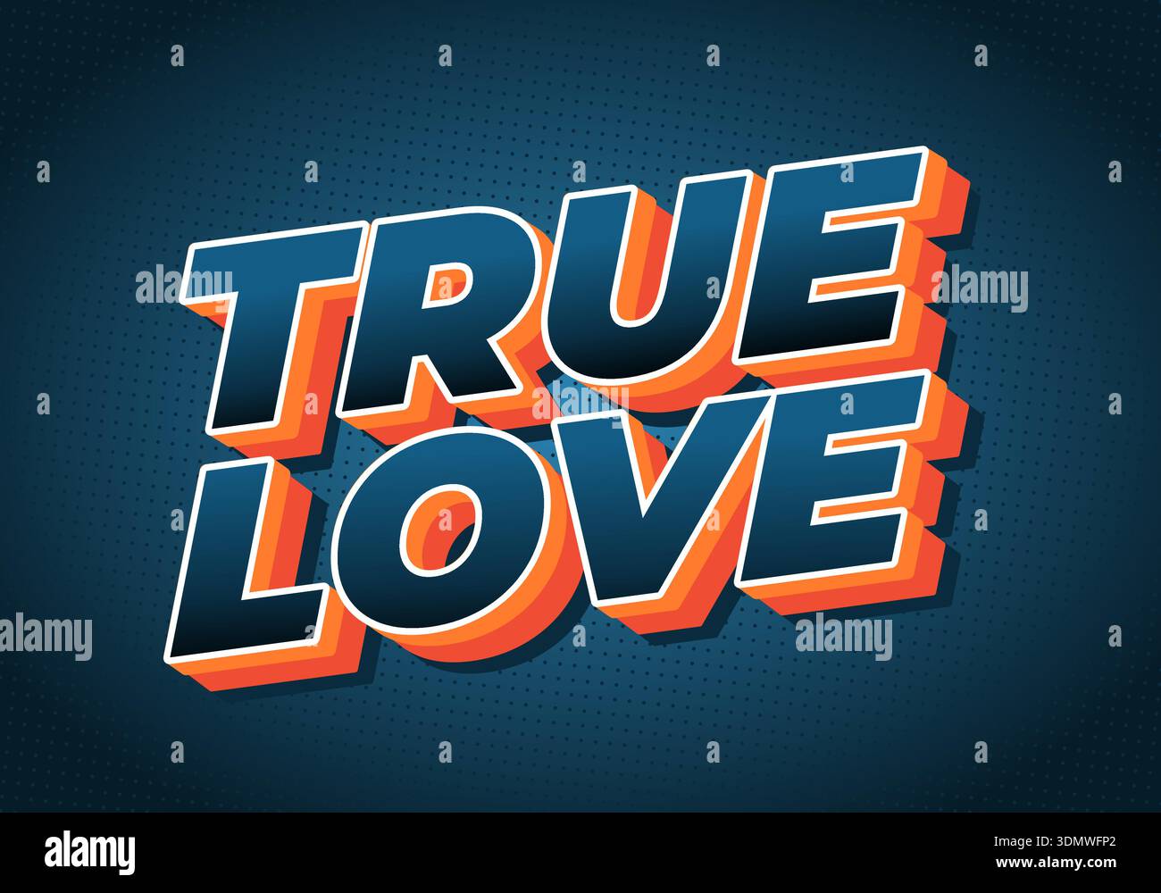 Un texte de style comique rétro 3D lisant TRUE LOVE avec des lettres bleues, un contour blanc et une ombre portée orange sur un fond pointillé bleu foncé. Illustration de Vecteur