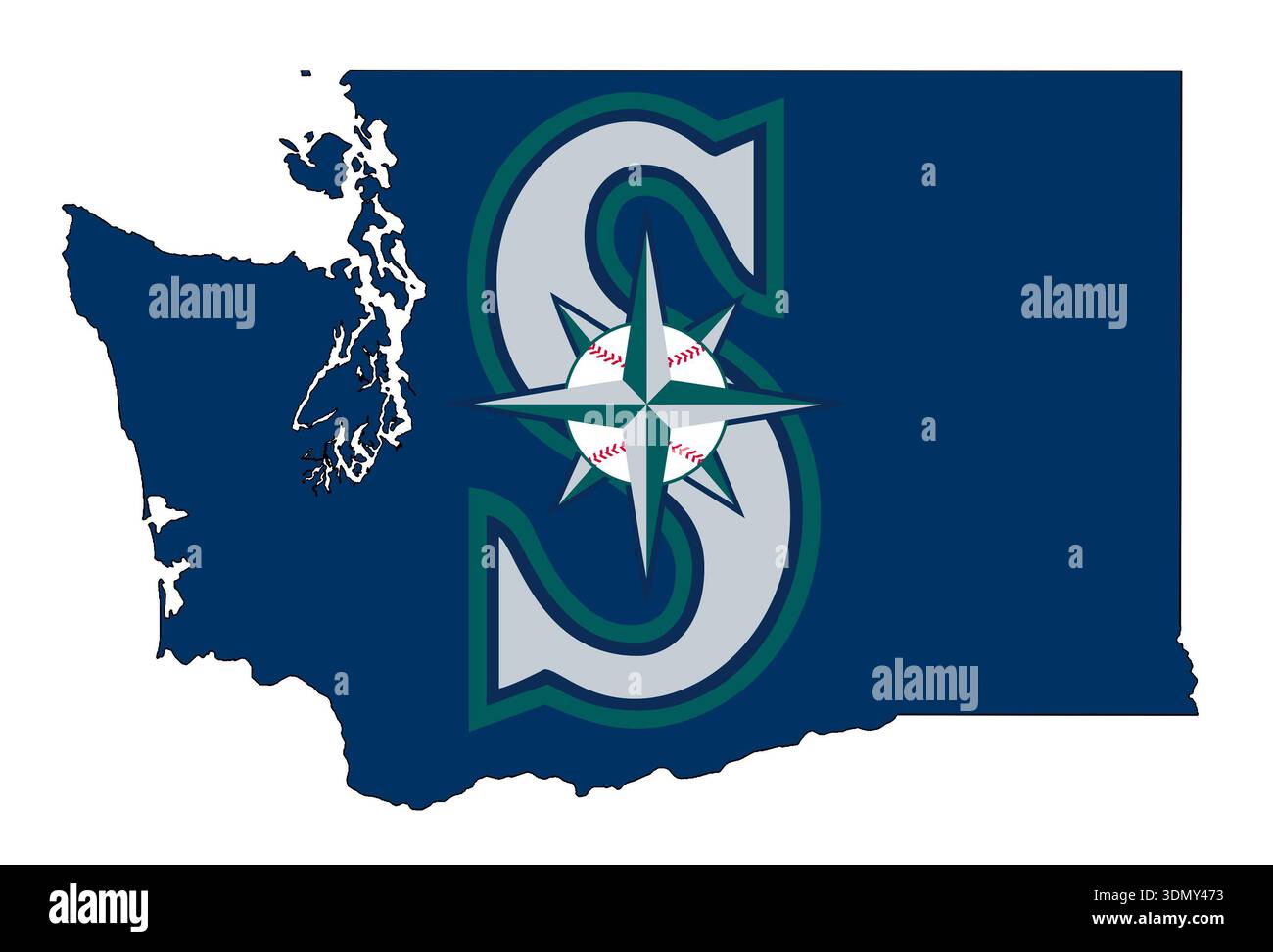 Contour de la frontière de l'État de Washington avec le logo de l'équipe de baseball des Seattle Mariners à l'intérieur Banque D'Images