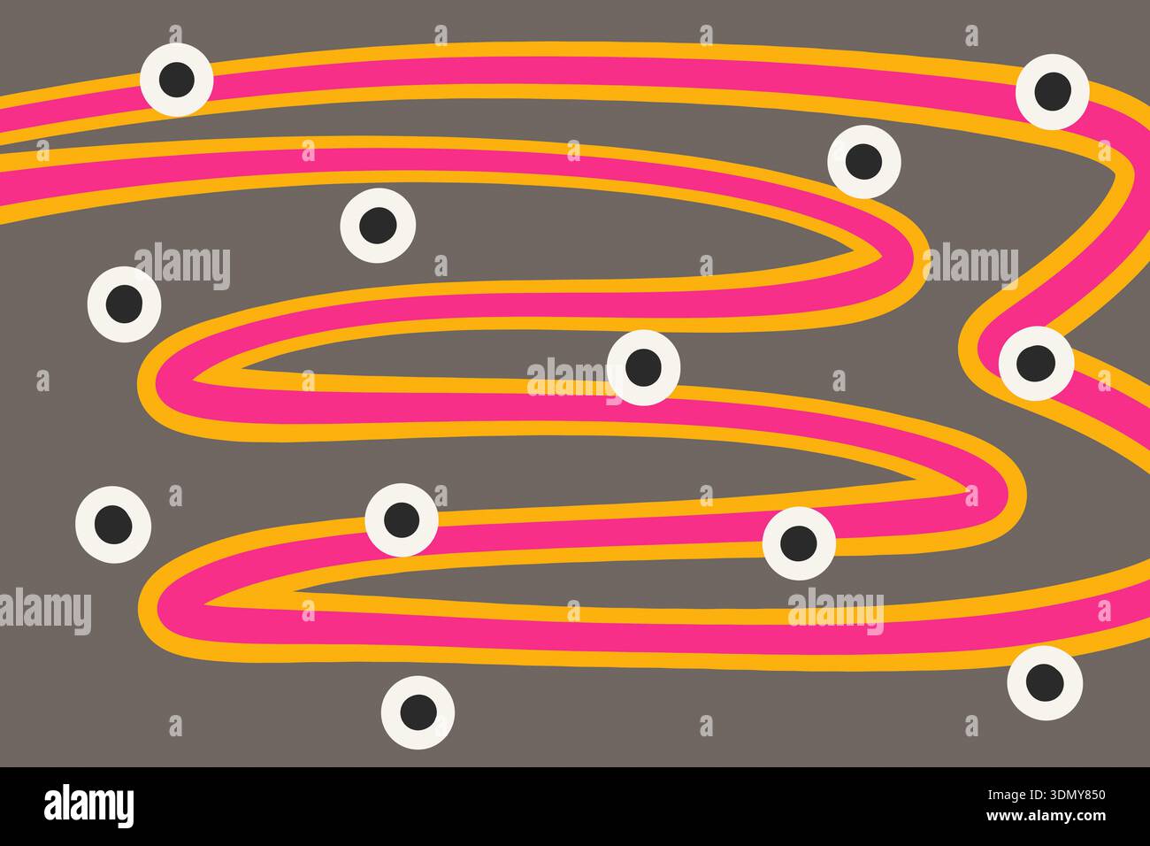 Un design abstrait vibrant avec des lignes courbes roses et jaunes audacieuses sur un fond sombre. Accentué avec des éléments circulaires noirs et blancs, addin Banque D'Images