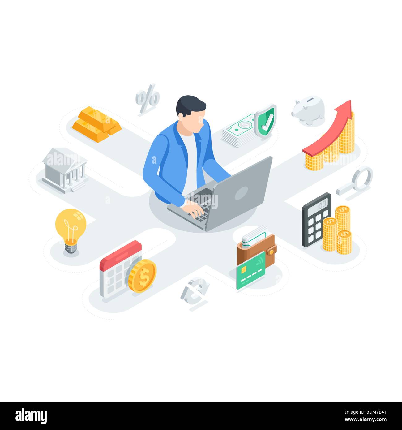 Concept vectoriel isométrique d'un homme avec un ordinateur portable et des icônes d'argent et de banque, en couleur sur un fond blanc, banque en ligne Illustration de Vecteur