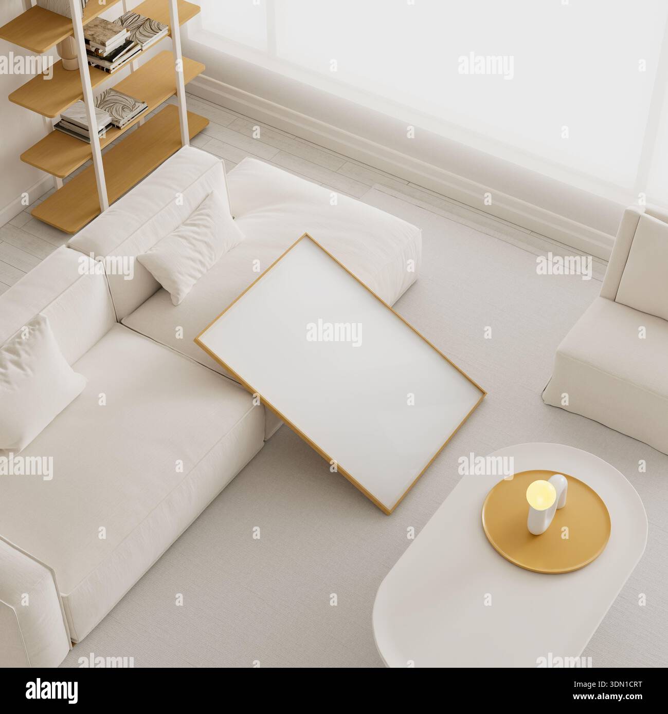Intérieur minimaliste moderne avec cadre d'affiche maquette avec style raffiné et éclairage doux, adapté à la présentation d'œuvres d'art, mises en page graphiques a Banque D'Images