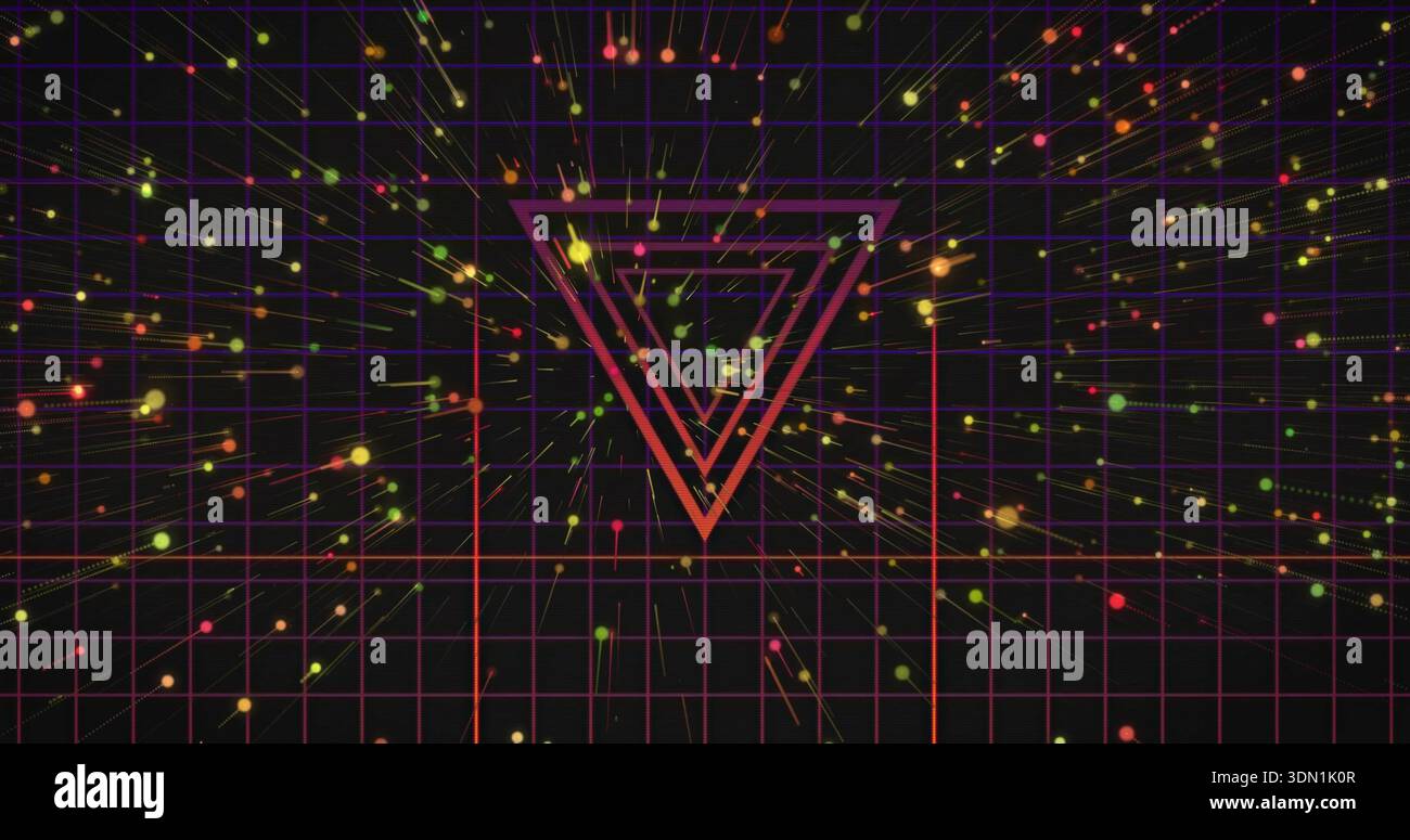 Rayonnement de trois triangles métalliques inversés dessinés vers le centre du point de fuite dans la grille de néon avec des stries Banque D'Images