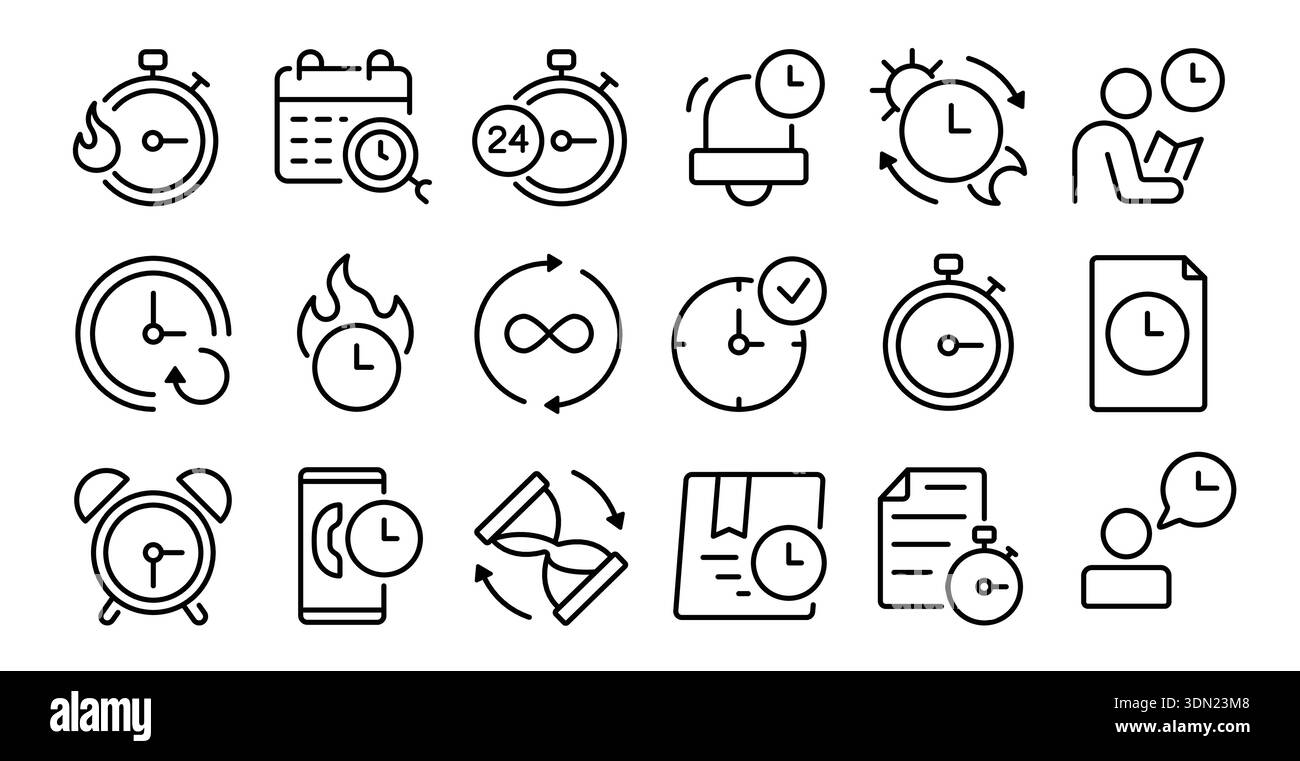 Icônes de ligne d'heure et d'horloge. Chronomètre, calendrier et alarme pour la planification des horaires, les délais urgents et le workflow ou le suivi de la productivité. Symboles linéaires Illustration de Vecteur