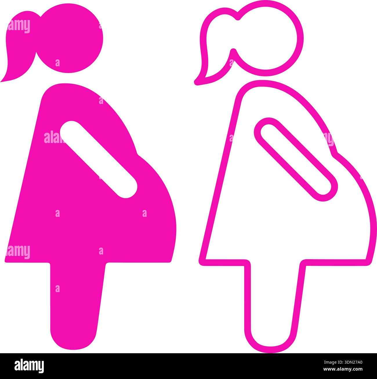 Deux icônes stylisées de femme enceinte en rose avec des variations de contour et de remplissage Uni. Maternité, soins prénatals, obstétriques, médicaux et de santé Illustration de Vecteur