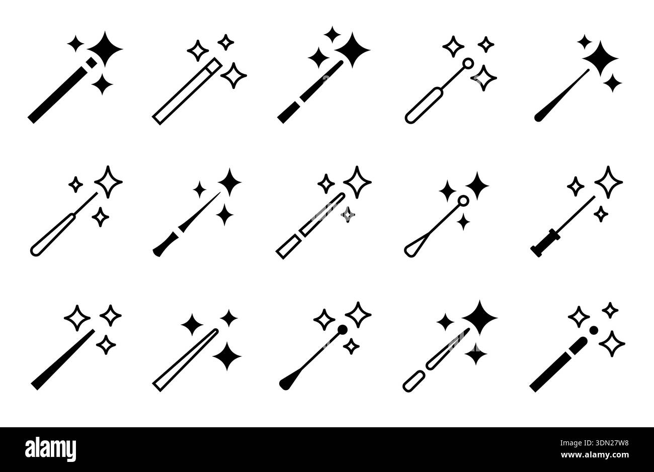 Icônes de baguette ai magique avec des étoiles scintillantes. Baguettes lumineuses pour les outils d'éditeur de fantasy d'intelligence artificielle. Générer ou symbole de bâton de magicien miracle de conte de fées Illustration de Vecteur