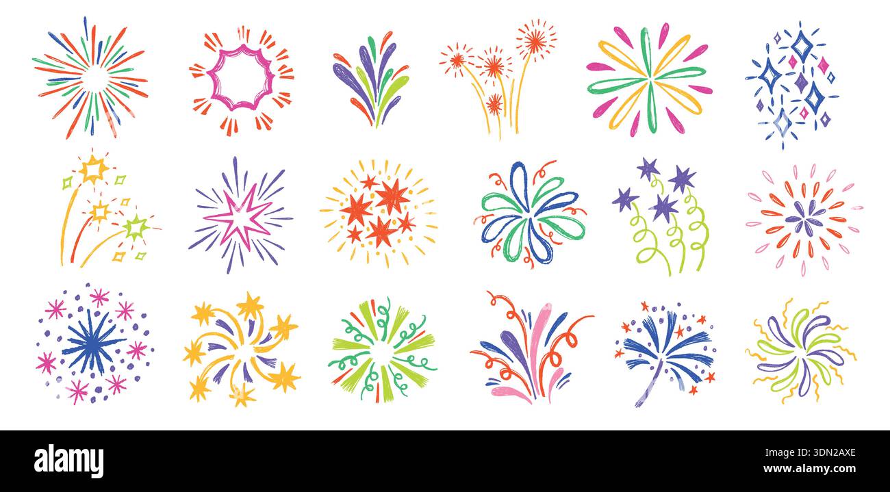 Ensemble de griffonnage éclatant pour feux d'artifice. Étoiles Sparkler et explosions colorées pour événement de célébration, carte d'invitation festive et décoration de fête. Dessiné à la main Illustration de Vecteur