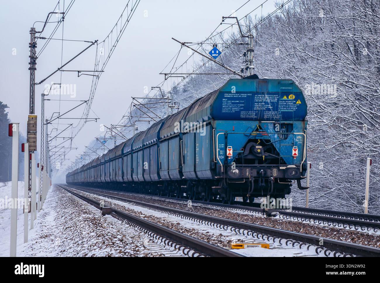 Rogow, Pologne - 11 décembre 2021 : wagons bleus de train de marchandises dans le village de Rogow Banque D'Images