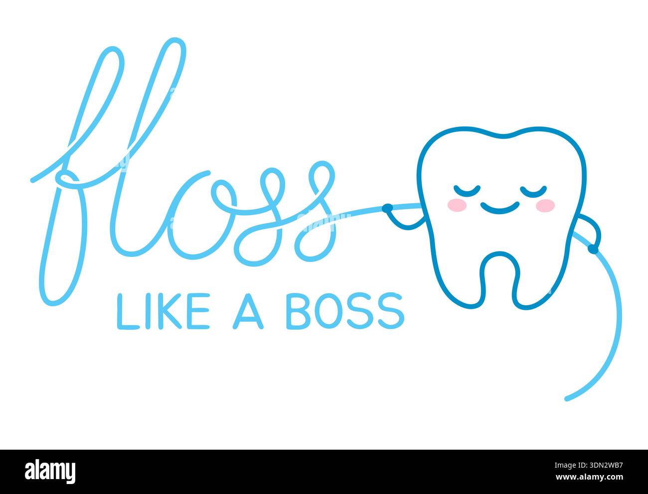 Fil dentaire comme un Boss, dessin de dessin animé mignon. Affiche de rappel de style comique pour les enfants. Soie dentaire drôle de personnage de dent. Illustration clip art vectorielle. Illustration de Vecteur