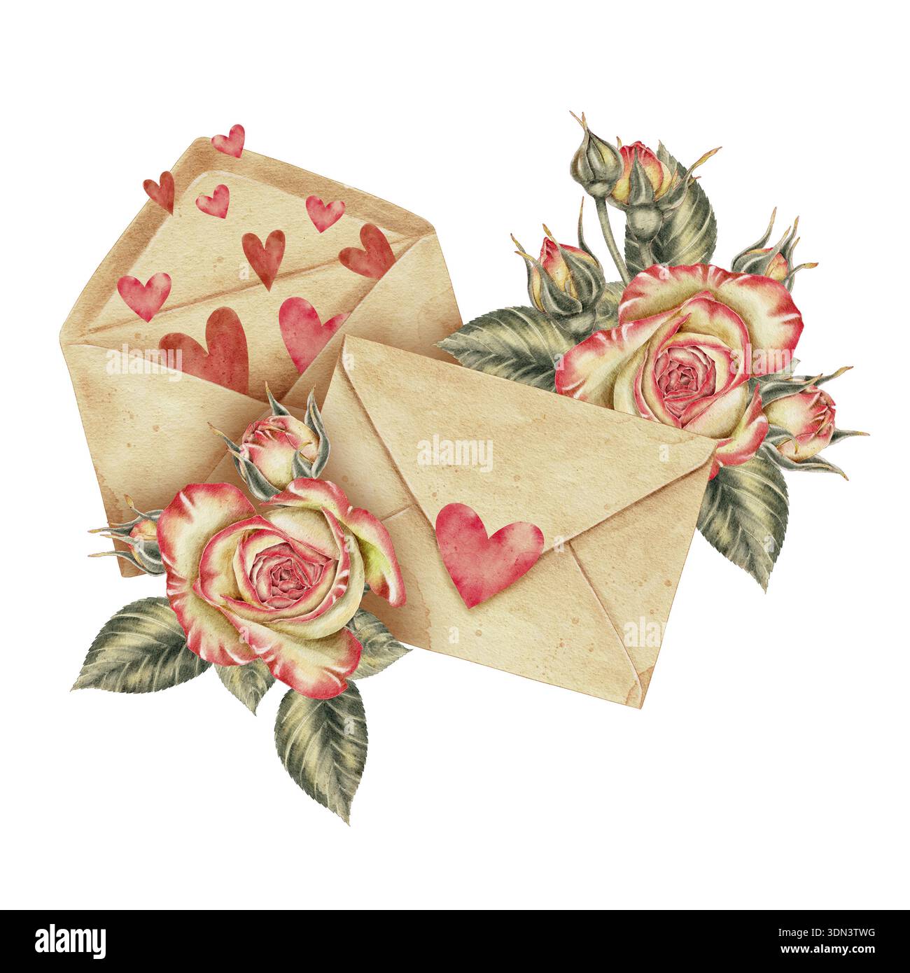 Illustration aquarelle lettres d'amour vintage décorées de coeurs rouges et de roses. Art botanique romantique pour les mariages Saint Valentin anniversaires gre Banque D'Images