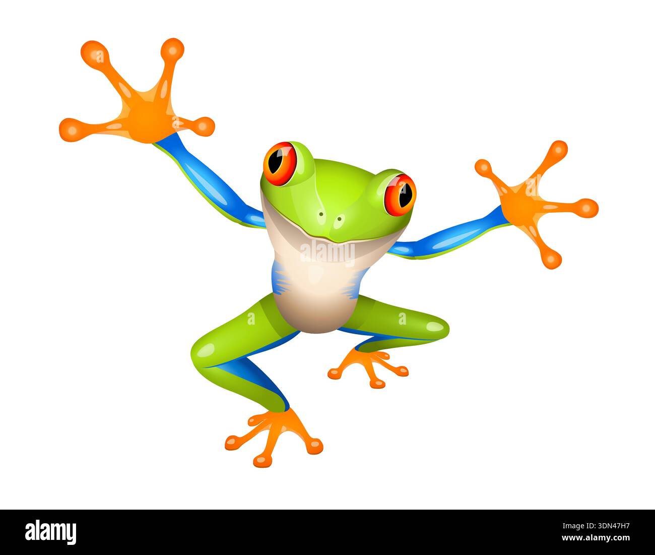 Grenouille d'arbre accueillante avec les bras grands ouverts debout sur un fond blanc Illustration de Vecteur