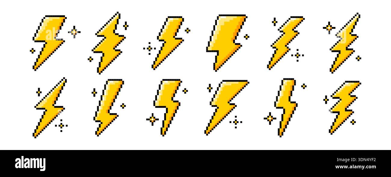 Icônes de boulon éclair Pixel art dans le style rétro 8 bits. Symboles de tonnerre électrique jaunes pour jeux vidéo, ui, hud, boutons et conception d'arcade. Éléments pixellisés d'énergie, de tension ou de puissance sur fond blanc Illustration de Vecteur