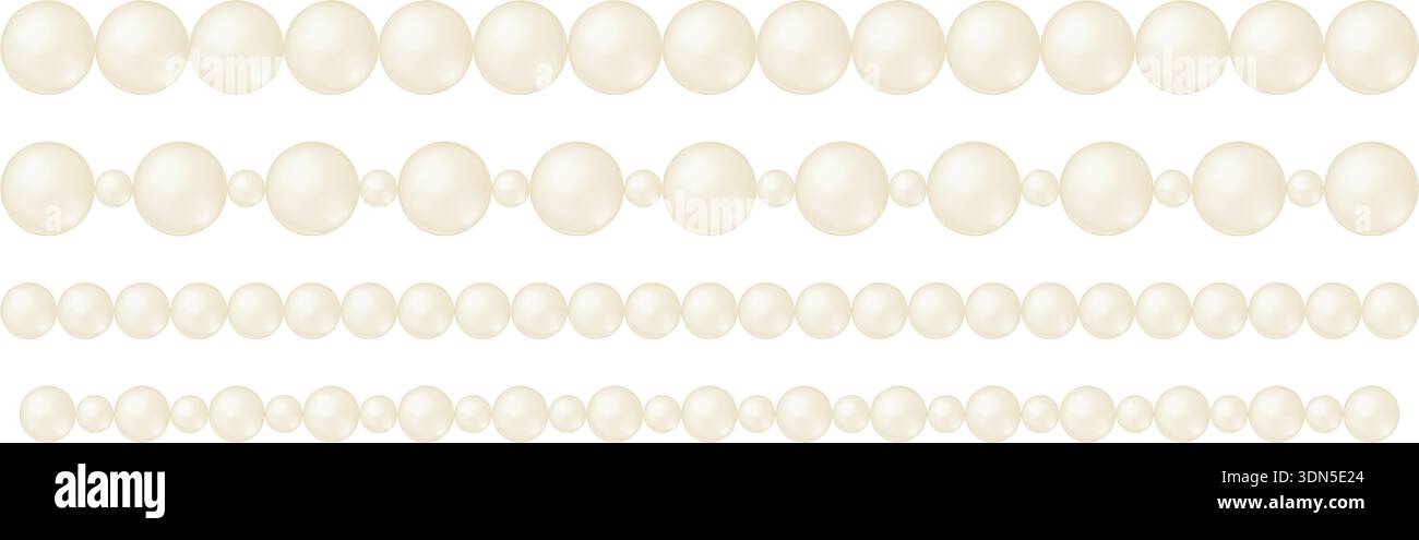 Ensemble de cordes droites de perles isolées sur fond blanc. Fils de perles nacrées pour bracelet ou collier de luxe. Beaux éléments décoratifs de design. Illustration réaliste vectorielle. Illustration de Vecteur