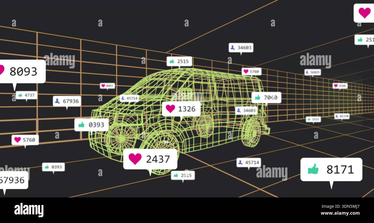 Affichage d'un van filaire vert néon planant dans l'espace de grille 3D, avec grille orange et badges de réaction Banque D'Images