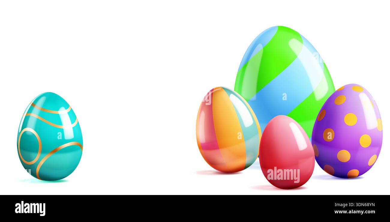 Oeufs de pâques colorés avec des ombres douces et des dessins uniques sur fond blanc, variant en taille et motif. Illustration de Vecteur