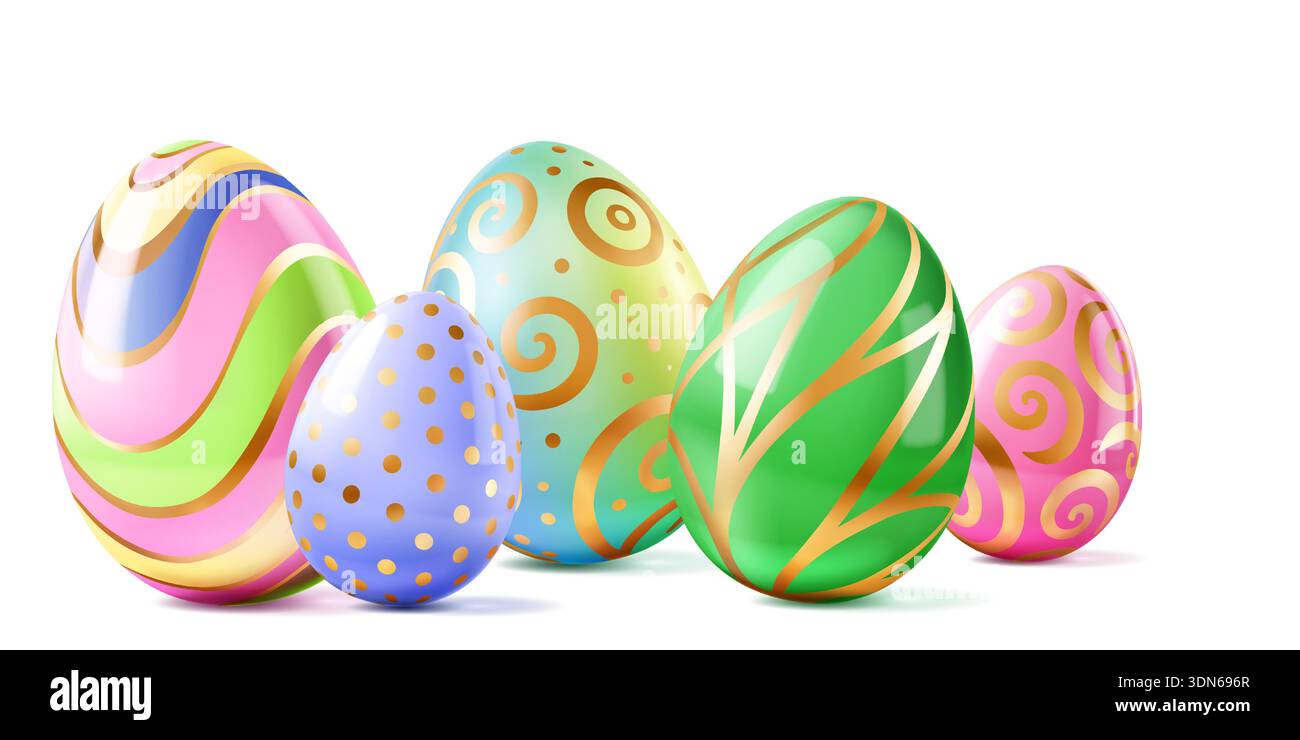 Oeufs de Pâques avec des ombres douces sur fond blanc, décorés avec des tourbillons, des points et des rayures dans des couleurs pastel et or. Illustration de Vecteur